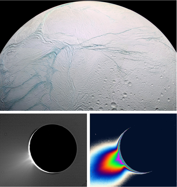 Saturnukseen suunnattu Cassini-Huygens-lento tuotti nämä kiehtovat kuvat Saturnuksen lähimmästä kuusta, Enceladuksesta. Kaksi alempaa kuvaa (spektrianalyysi oikealla) osoittavat vettä sisältävän geysirin purkauksen yltävän satojen kilometrien etäisyyteen avaruuteen. Nämä ja muut löydöt osoittavat avaruudessa olevan runsaasti vettä.
