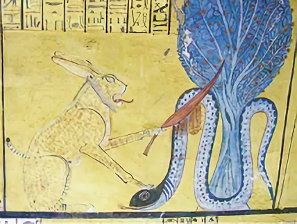 Kuva 4. Atum kamppailee Apofis-käärmeen kanssa Ished-puun edessä.