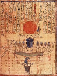 Kaaoksen vesissä seisova Nu pitää käsissään auringon laivaa, jossa on seitsemän muuta jumalaa.