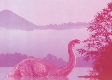 Taiteilijan näkemys sauropodista vedessä.