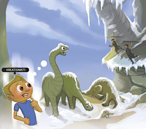 Piirretty kuva, jossa kreationisti visioi jääkauden ja ihmisten metsästävän dinosauruksia. Kuva ©: creation.com
