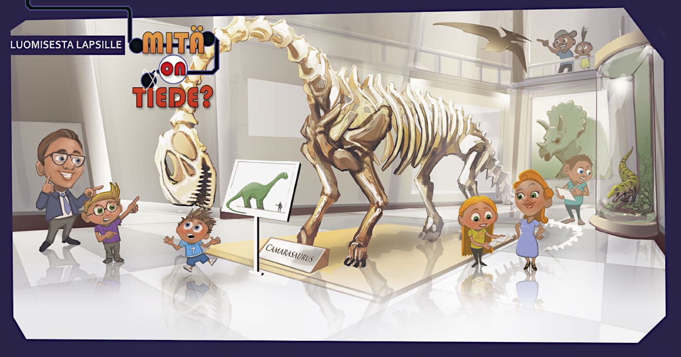 Piirretty kuva pääosin lapsista dinosaurusmuseossa, Camarasauruksen luuranko ja muutama muu täytetty dinosaurus. Kuva ©: creation.com [Kuvaa muokattu]
