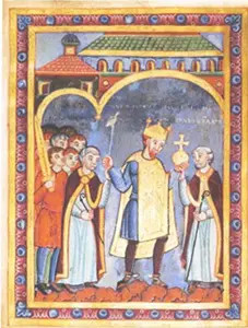 Henrik III:lle, Pyhän Rooman keisarille, ojennetaan kuninkuutta kuvaava valtakunnanomena. Kuva ©: wikimedia.org